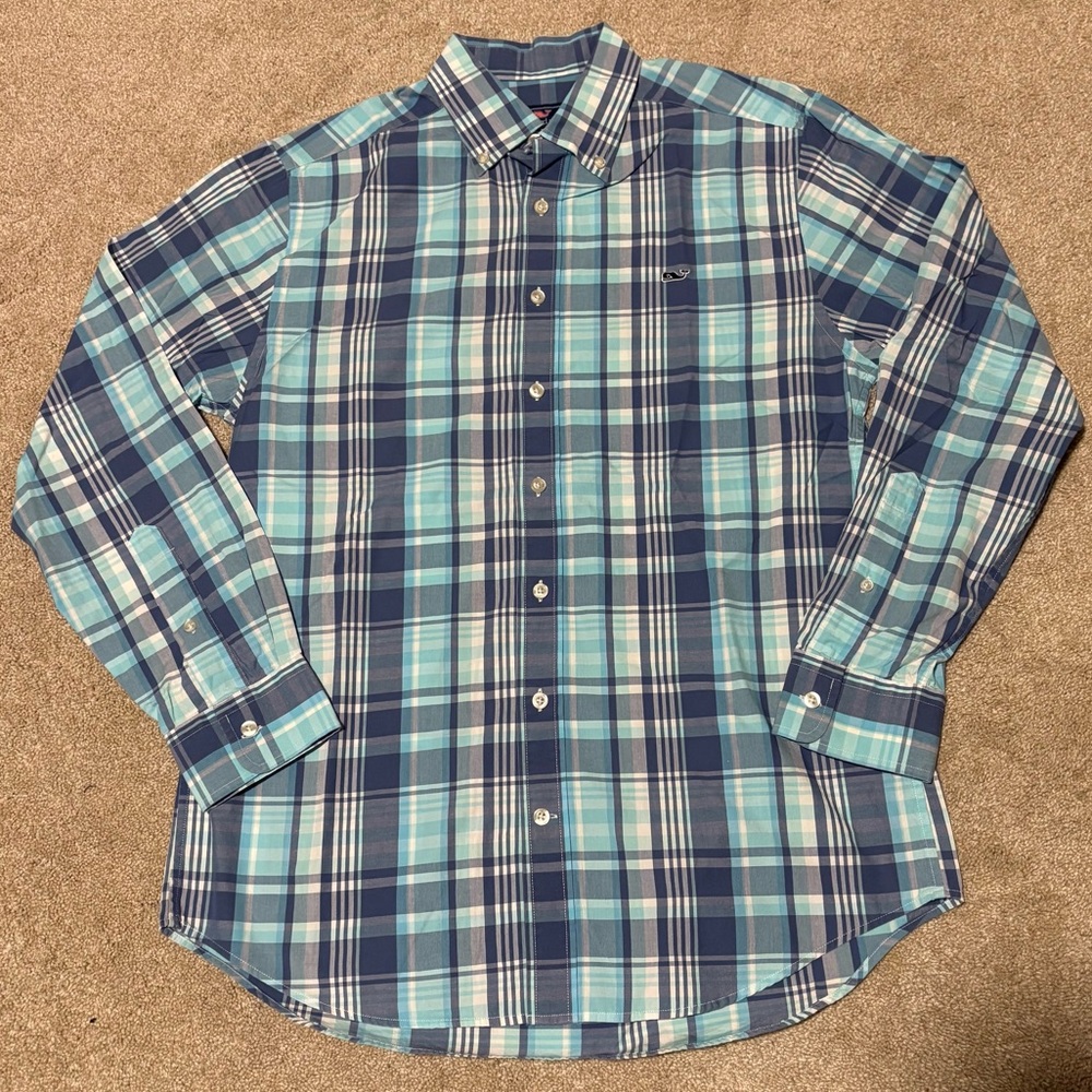 Vineyard Vines Blue Plaid Button Down Slim Fit Whale Logo Shirt, Sz M